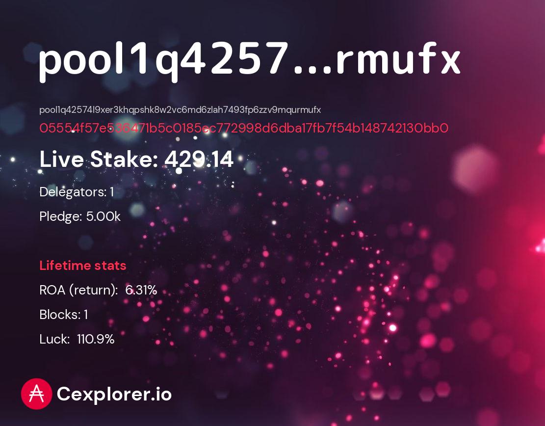 cardano pool pool1q42574l9xer3khqpshk8w2vc6md6zlah7493fp6zzv9mqurmufx